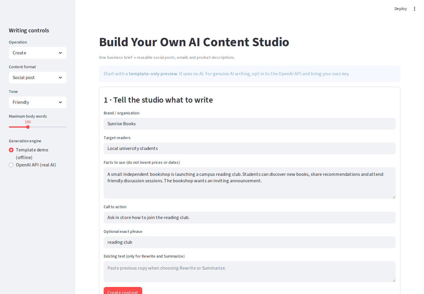 Actual Content Studio app before generating draft