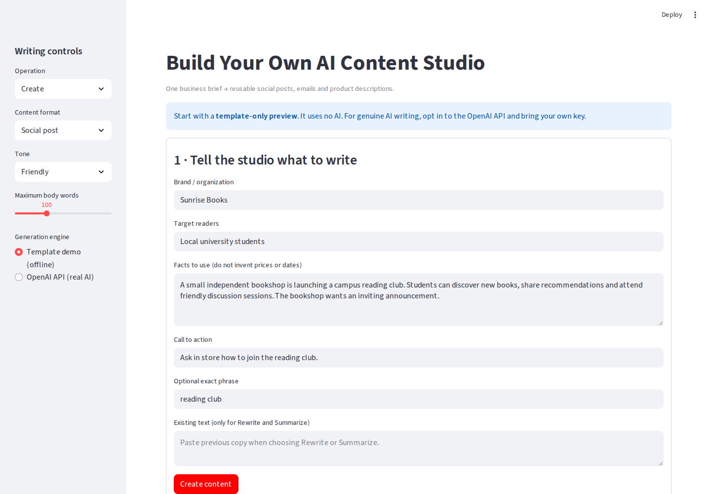 Actual offline template result in the working Content Studio app
