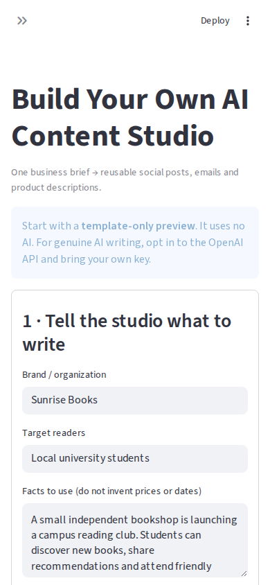 Real Content Studio application form on a mobile screen