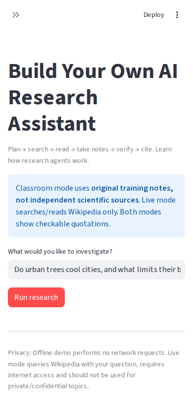 Actual Streamlit research assistant mobile question form