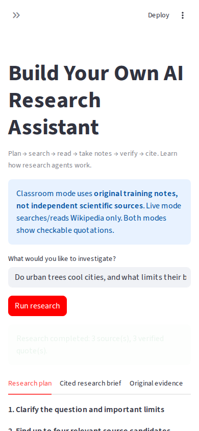 Actual Streamlit research assistant mobile research result