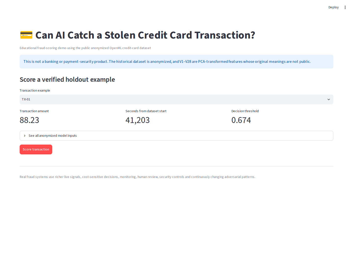 Real Streamlit credit-card fraud scoring form using a verified holdout transaction