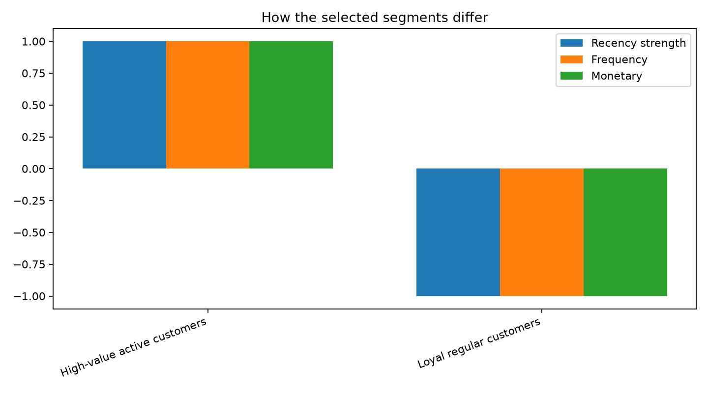 Verified standardized RFM profile chart for the selected customer segments