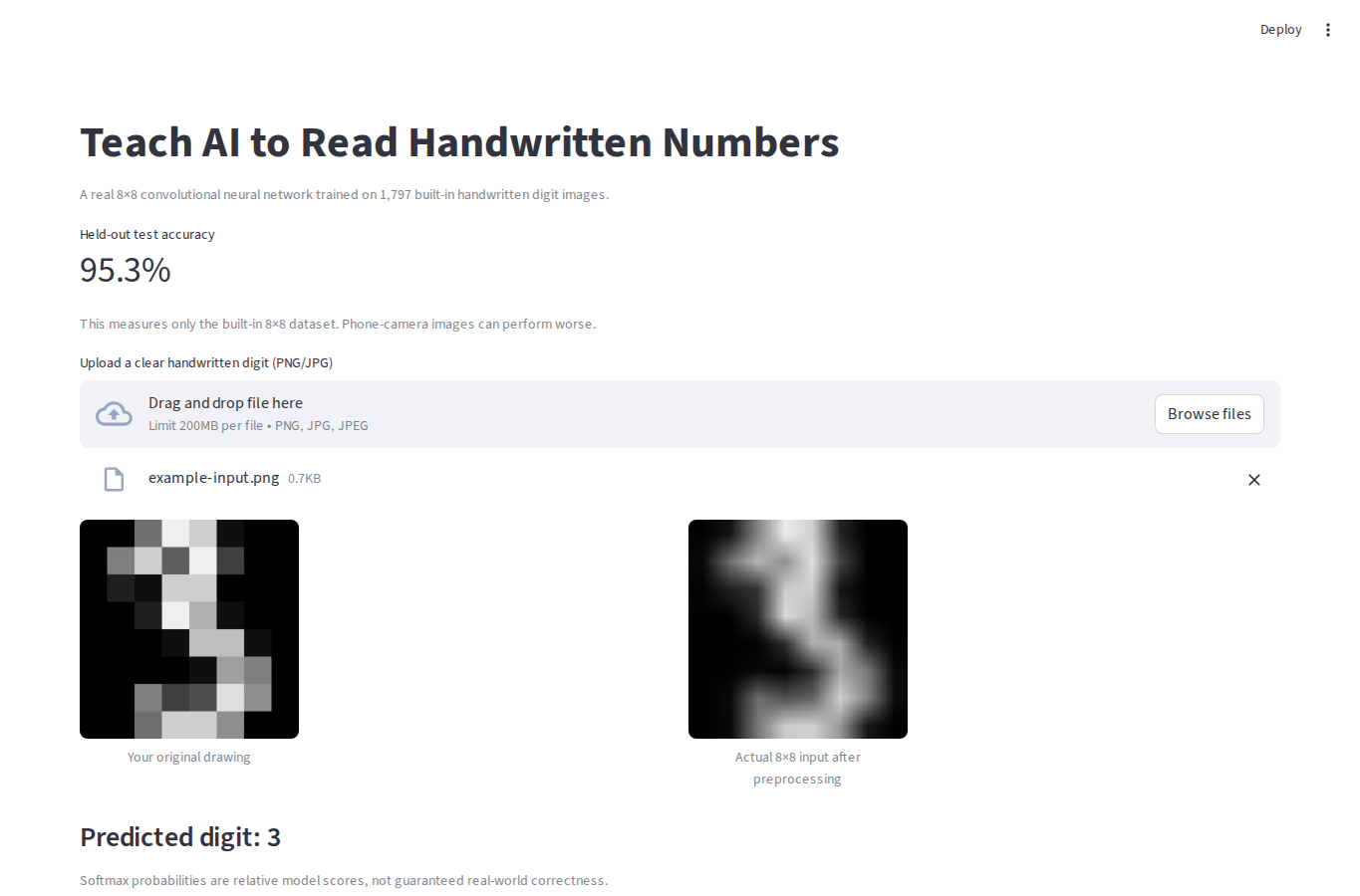 Genuine desktop Streamlit Teach AI to Read Handwritten Numbers — Build a Real CNN screenshot