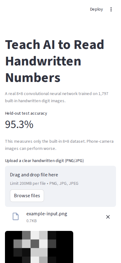 Genuine mobile Streamlit Teach AI to Read Handwritten Numbers — Build a Real CNN screenshot