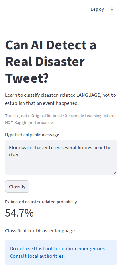 Genuine mobile Streamlit Can AI Detect a Real Disaster Tweet? Build a Text Classifier screenshot