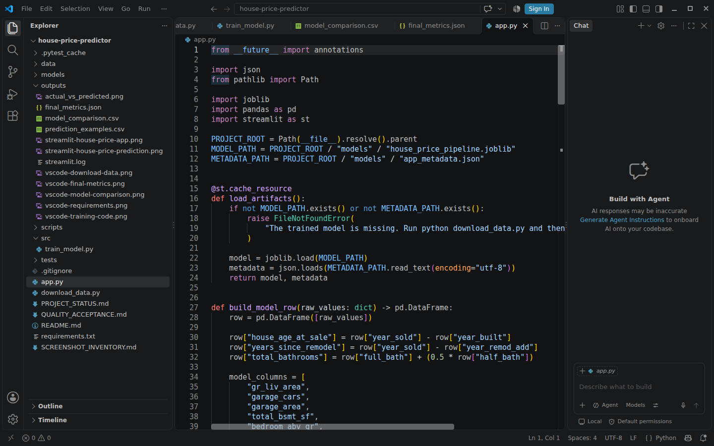 Real Visual Studio Code window showing app.py for the verified Streamlit House Price Predictor