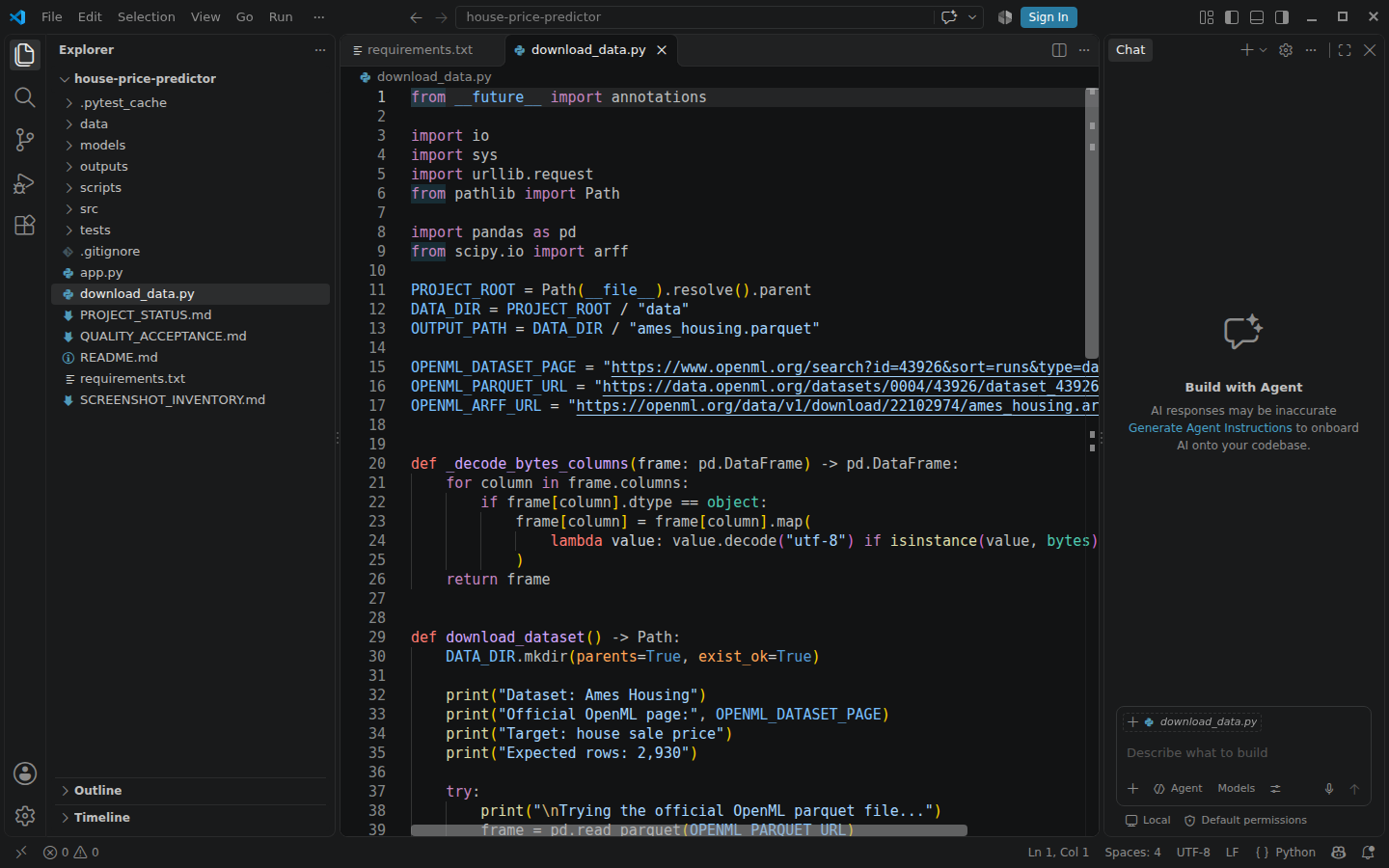 Real Visual Studio Code window showing download_data.py in the verified House Price Predictor project