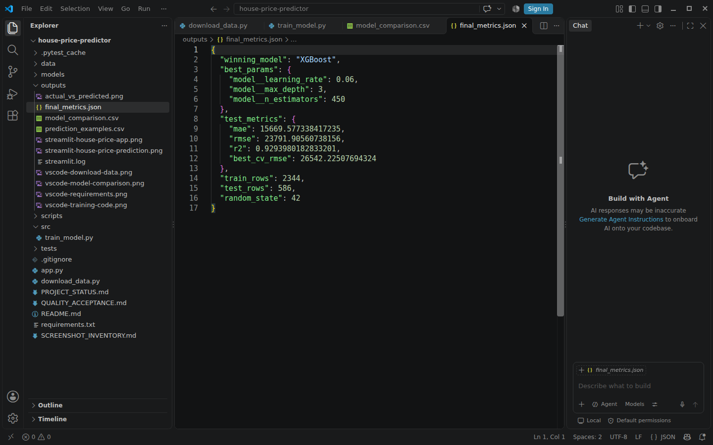 Real Visual Studio Code window showing final_metrics.json from the verified House Price Predictor holdout evaluation