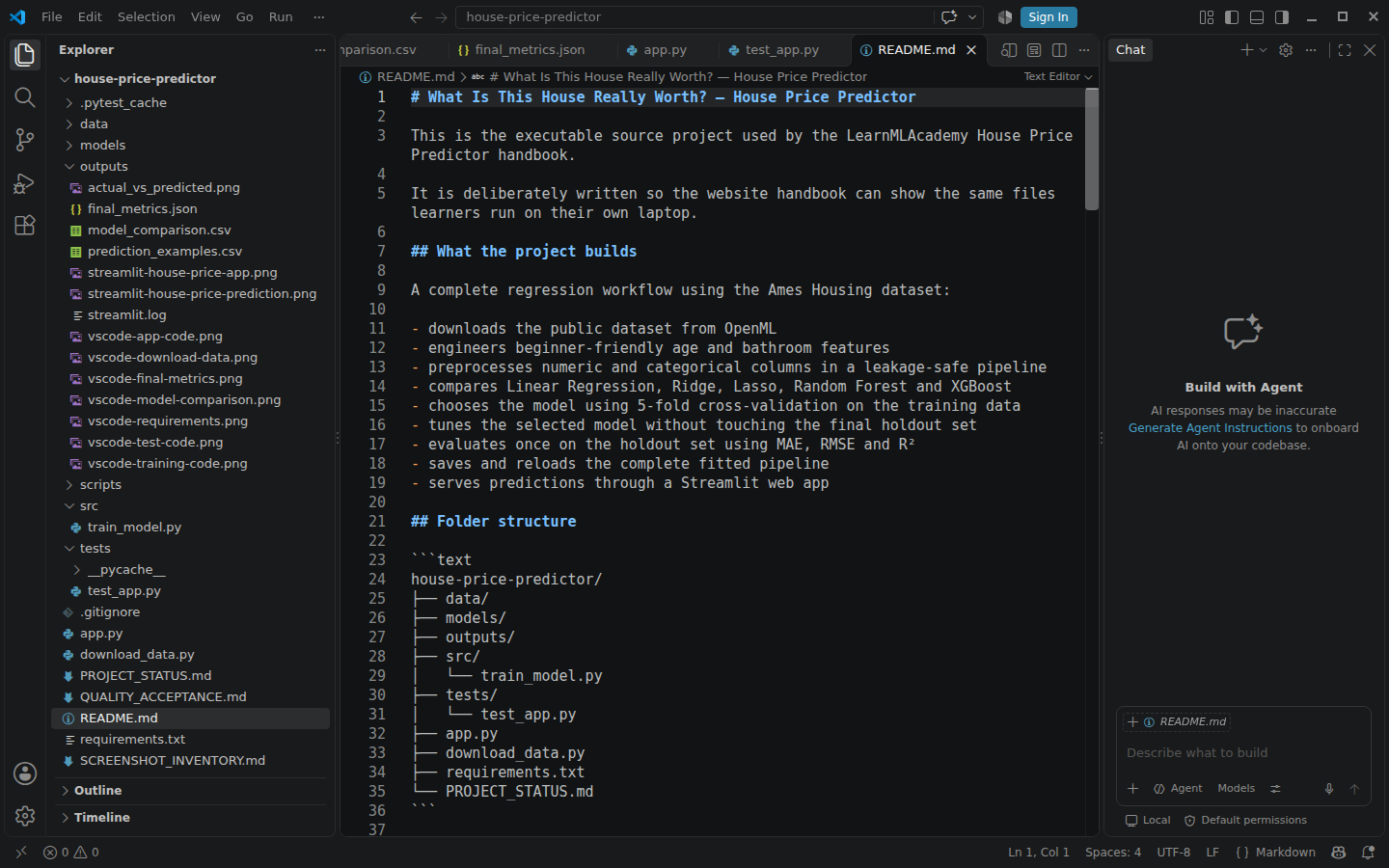 Real Visual Studio Code workspace for the completed House Price Predictor project