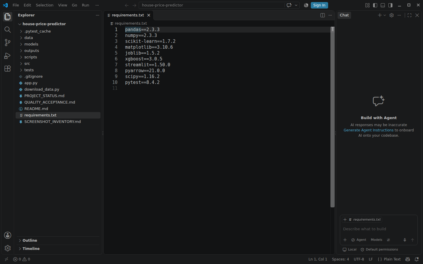 Real Visual Studio Code window showing the verified requirements.txt file for the House Price Predictor project