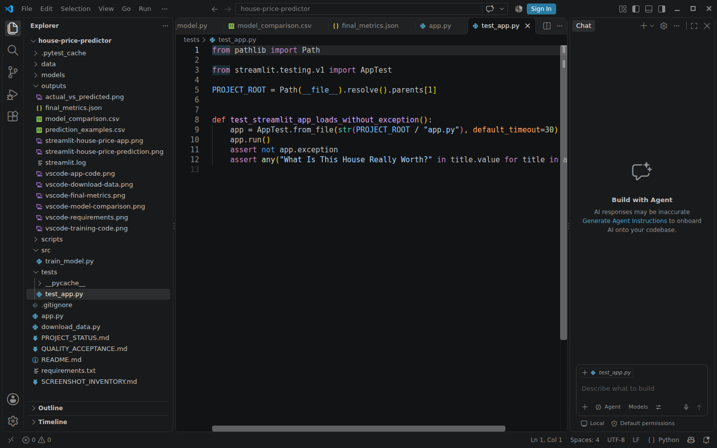 Real Visual Studio Code window showing tests/test_app.py for the House Price Predictor