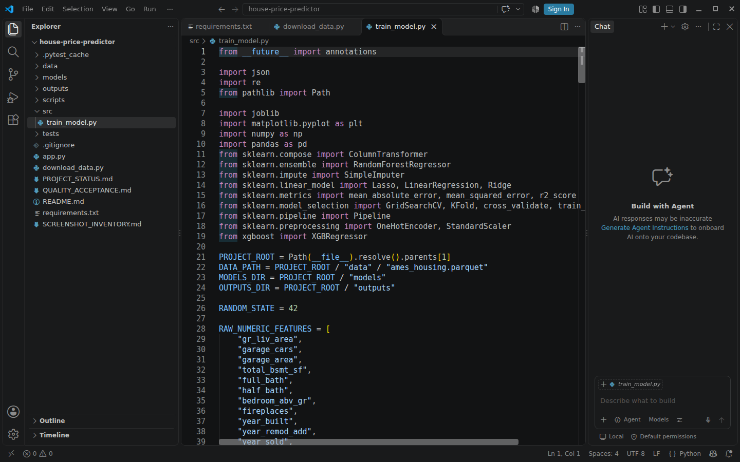 Real Visual Studio Code window showing src/train_model.py from the House Price Predictor project
