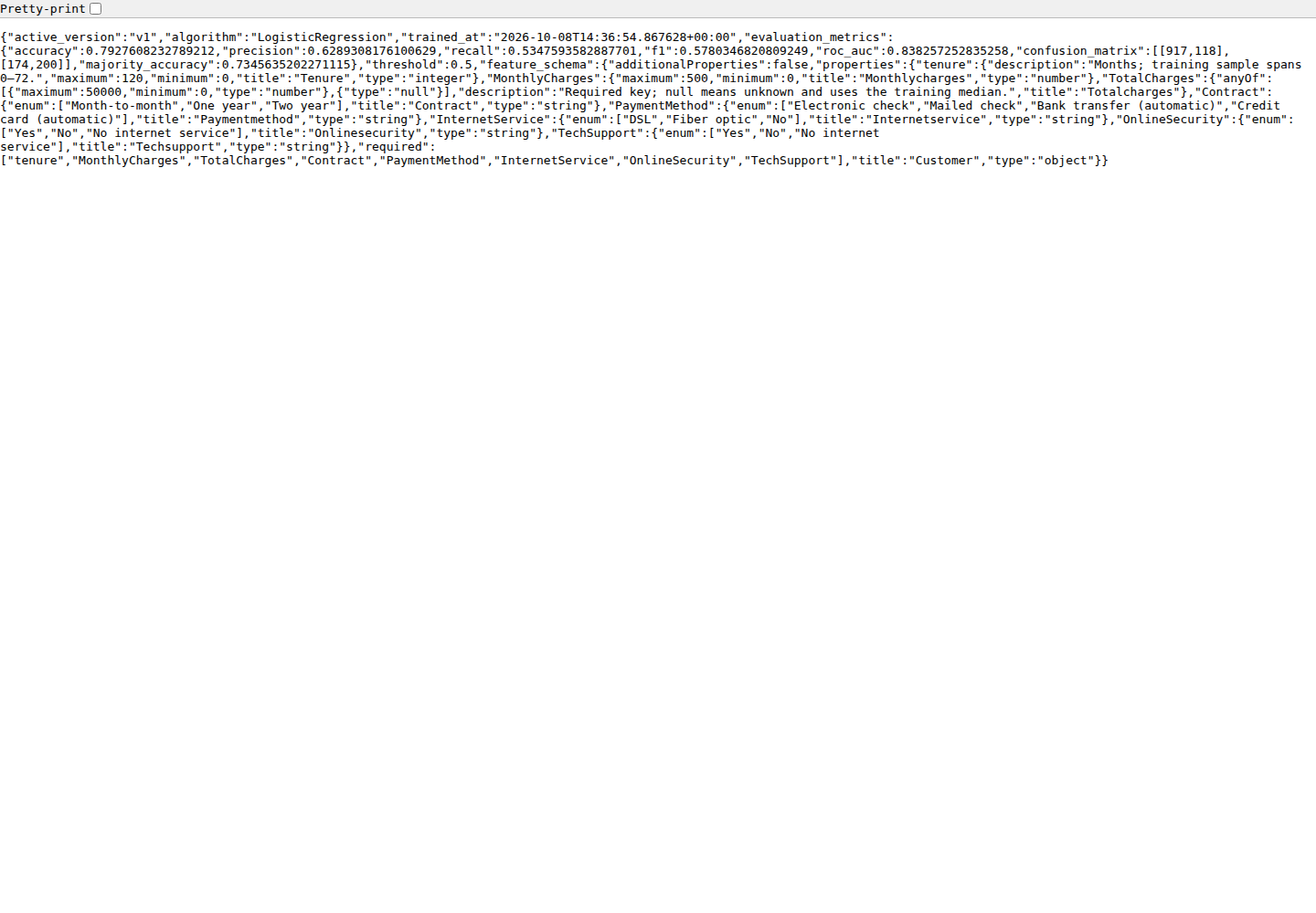 Real JSON response from the customer churn service model-info endpoint