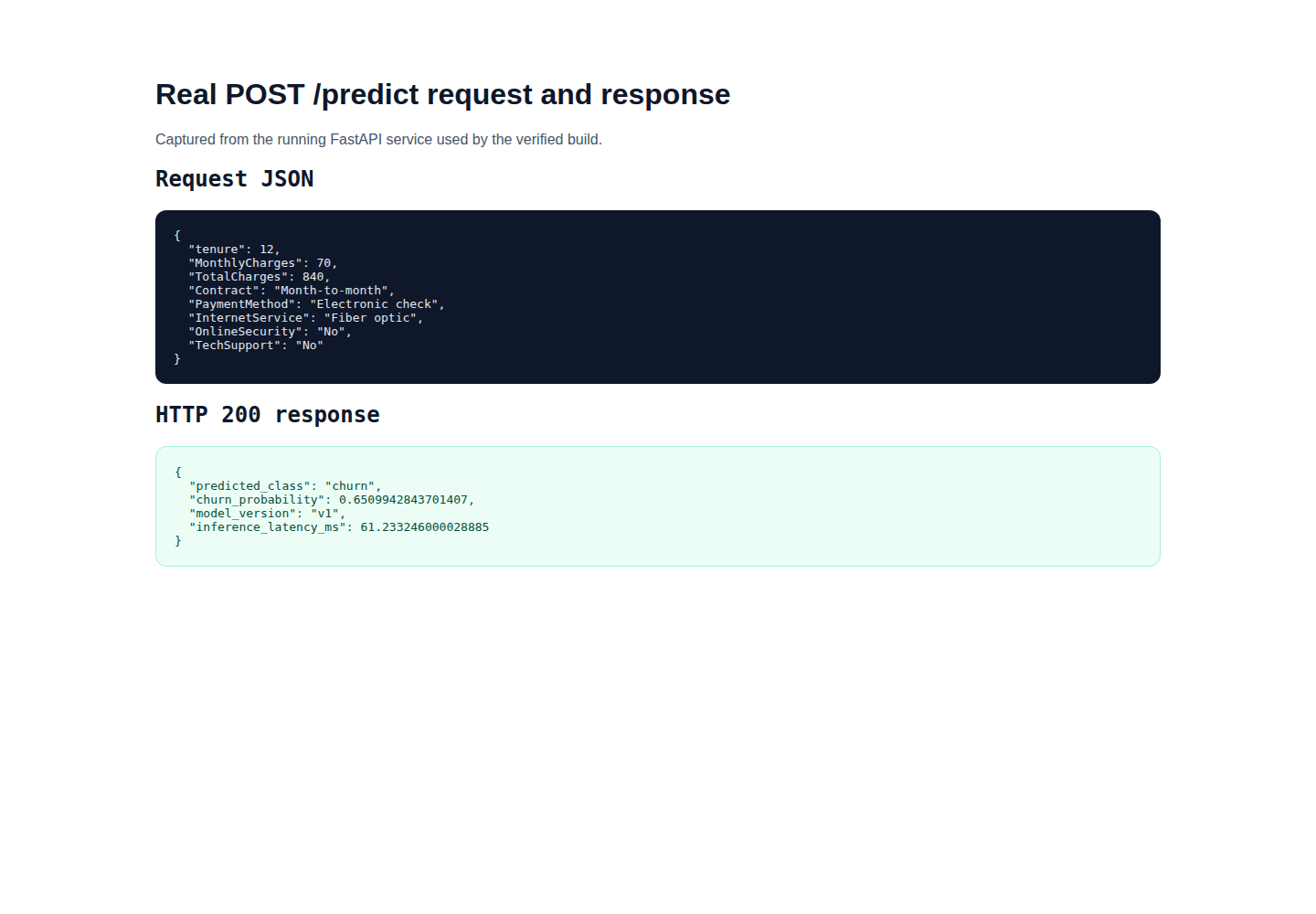 Real POST predict request and response from the running FastAPI customer churn service