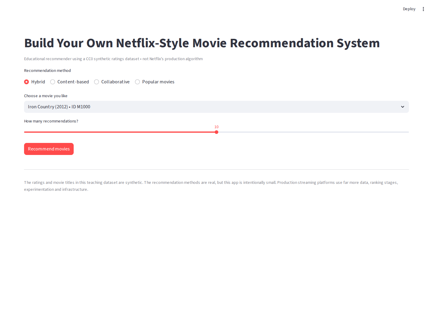 Verified Streamlit movie recommendation form with Iron Country selected