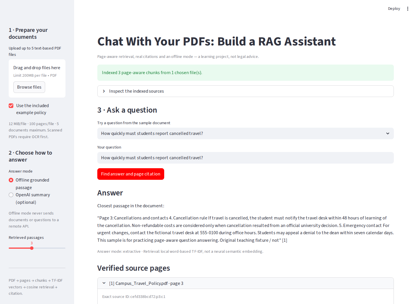 Verified live Streamlit result showing real page 3 citation